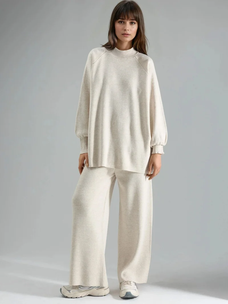 MY FASHION Stone Natural MY FASHION Loose Fit Sweater & Pants Knit Co-ord Set for Women | Best Price UAE